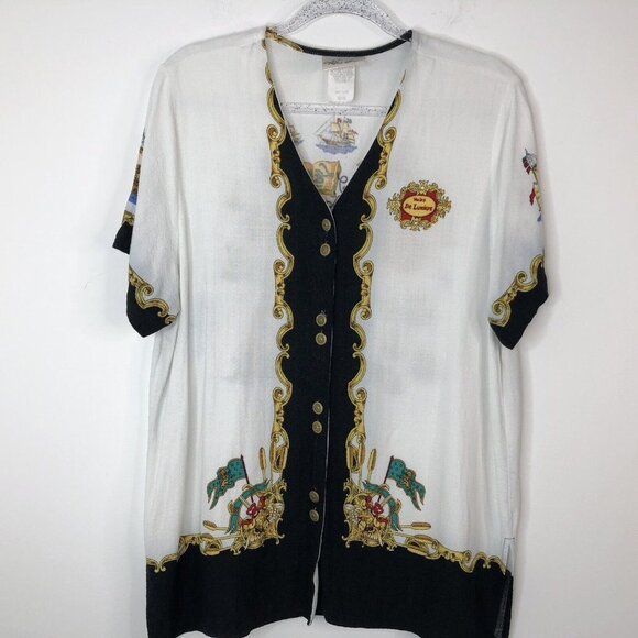 Kathie Lee Nautical Blouse Size 18W Voiles de Lumiere Sailing Ship Wheel Vintage - Picture 2 of 12